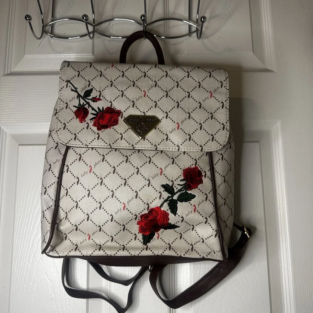 Baby Phat Y2K Embroidered Rose Floral Backpack Cream Brown Logo Print Bag